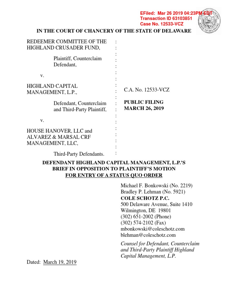 Highland Capital's Opposition to Status Quo Order | PDF | Equity (Law ...