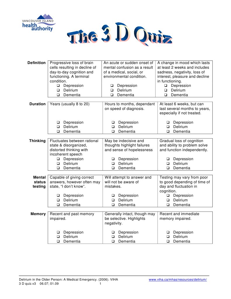 3d Quiz w Answers 09 Delirium Dementia Major Depressive Disorder