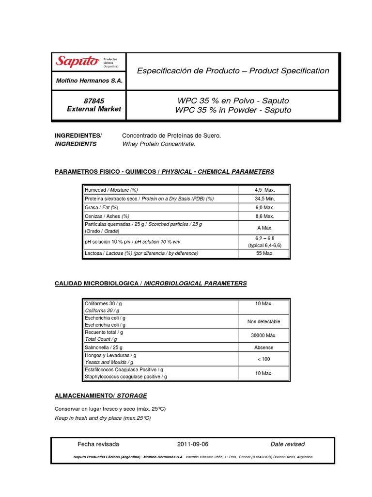 Especificación WPC 35% - Molfino S.A. | PDF | Productos ganaderos ...