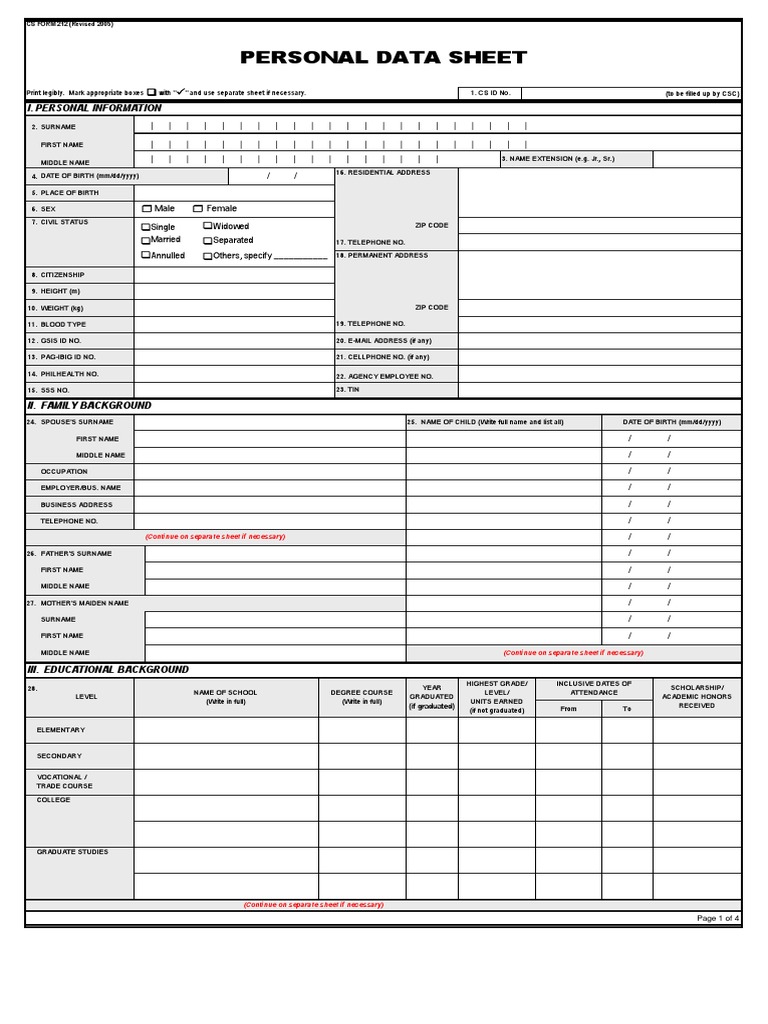 Personal data sheet pdf