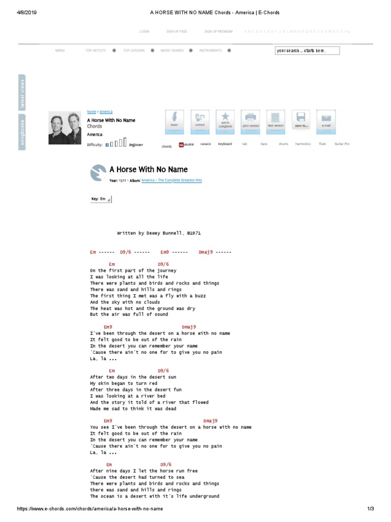 America A Horse With No Name Sheet Music Pdf Notes Chords Pop Score Guitar Chords Lyrics Download Printable Sku 102618