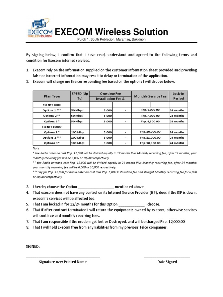 Execom Wireless Internet Service Agreement | PDF | Internet Service ...