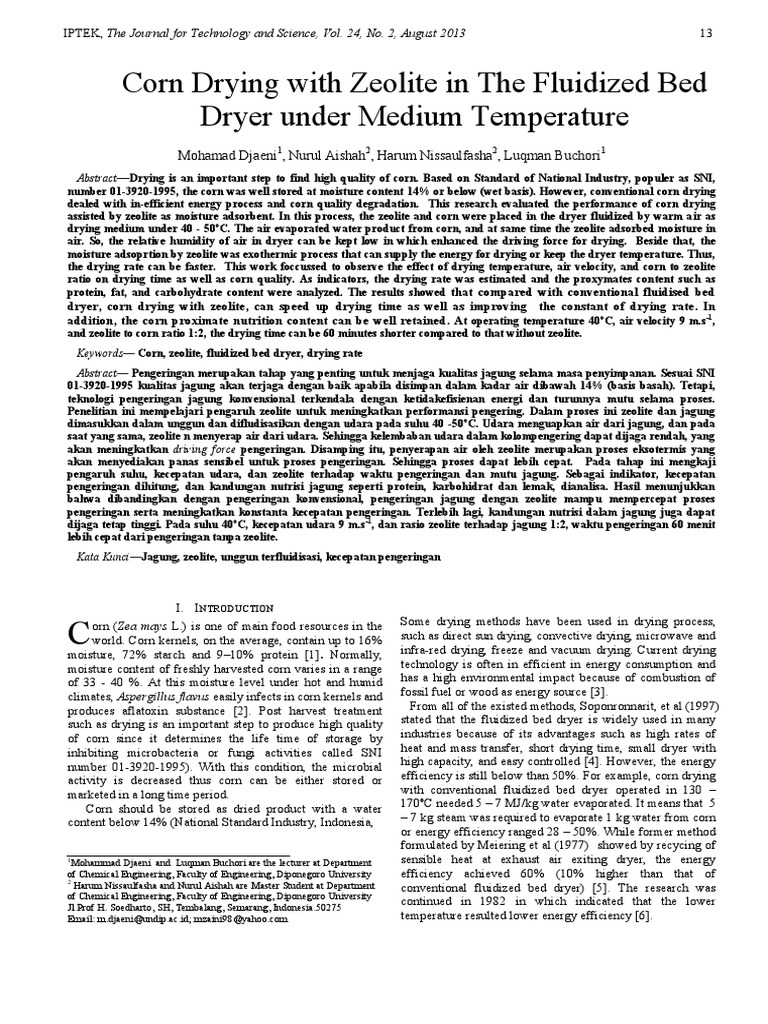 Corn Drying With Zeolite in The Fluidized Bed Dryer Under Medium