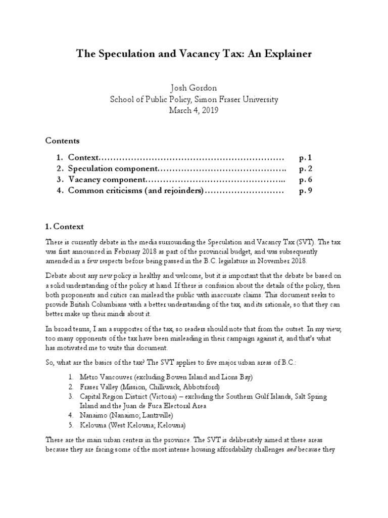 Josh Gordon Speculation and Vacancy Tax Explainer PDF Renting Taxes