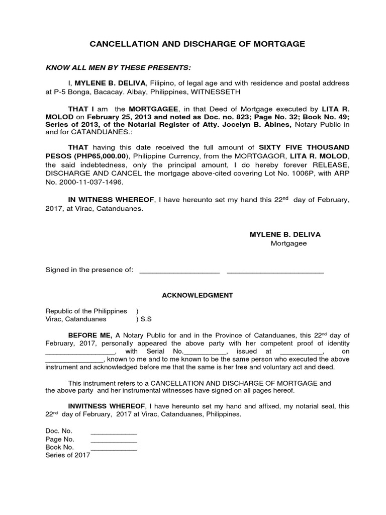 Mortgage Cancellation and Discharge Form | PDF | Mortgage Law | Real ...