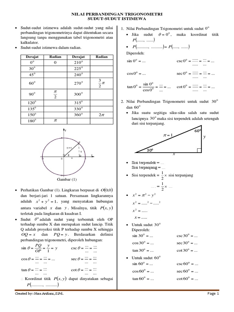 Nilai Perbandingan Trigonometri Sudut Sudut Istimewa Derajat Radian Derajat Radian