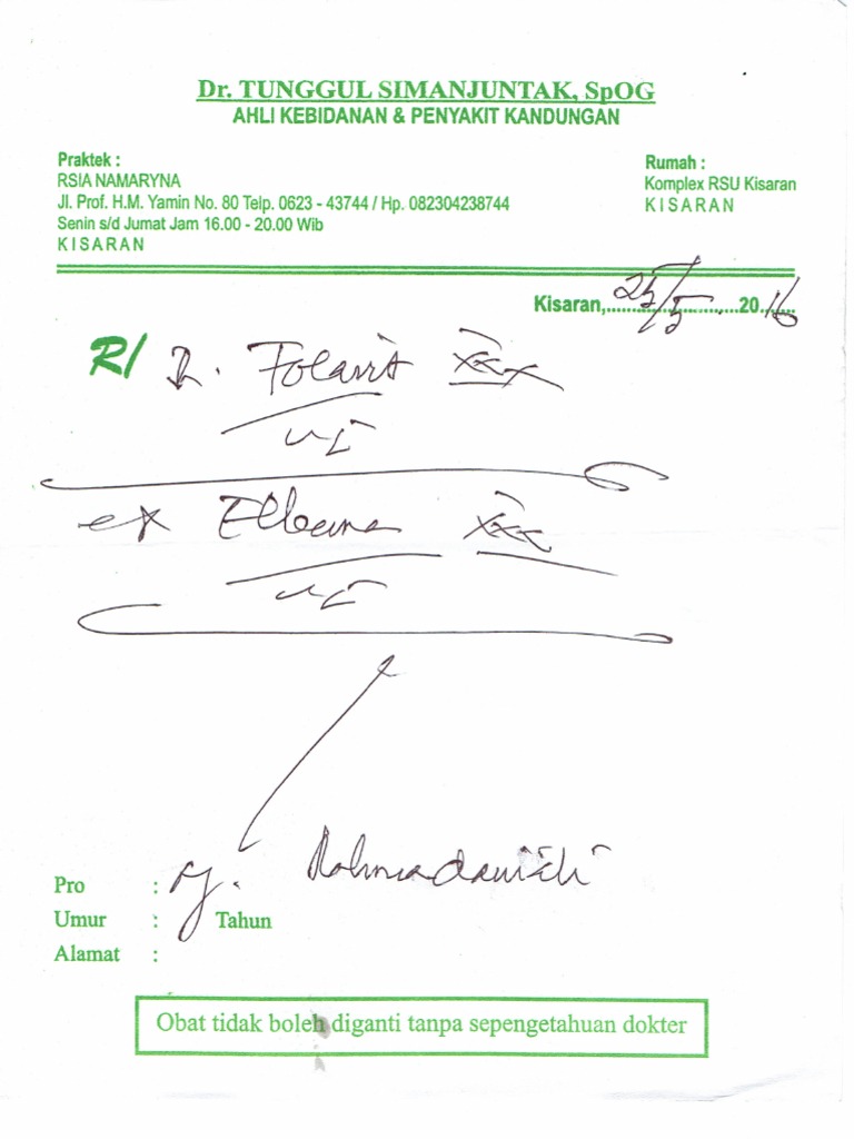 Contoh Resep Dokter Kandungan