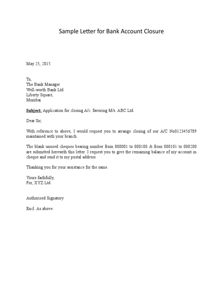 Sample Letter For Bank Account Closure  PDF Inside Account Closure Letter Template