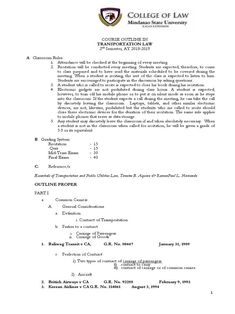 Transportation Syllabus PDF Admiralty Law Airlines