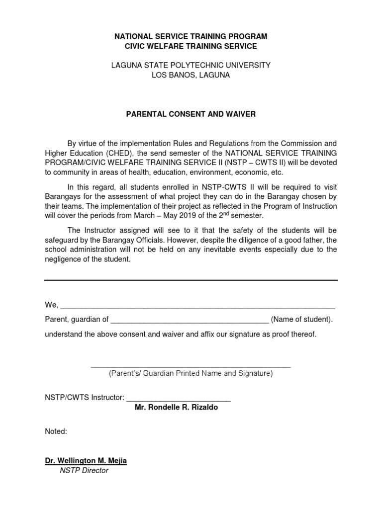 National Service Training Program Parental Consent Form for Community ...