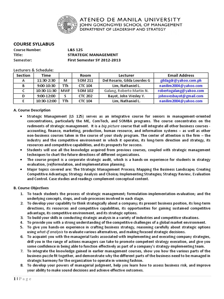 Strategic Management Course Syllabus | PDF | Strategic Management ...