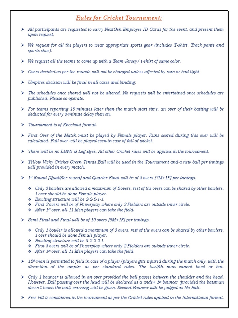 Rules For Cricket Tournament | PDF | Bowling (Cricket) | Cricket