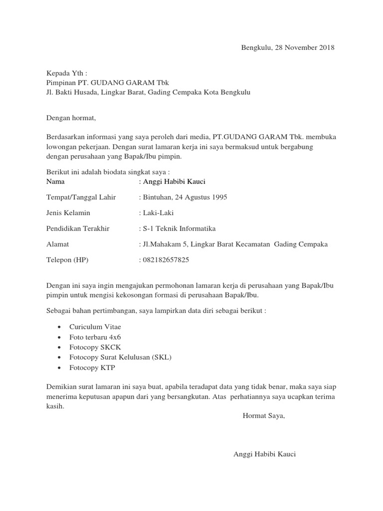 Surat Lamaran Gudang Garam | PDF