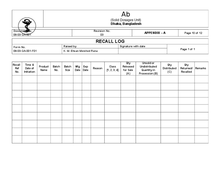 Recall Log Appendix-A | PDF