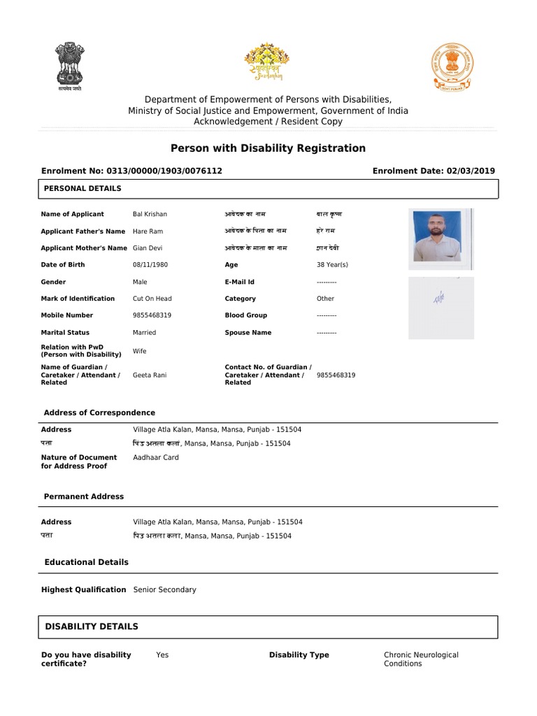 Person With Disability Registration | PDF | Disability | Identity Document