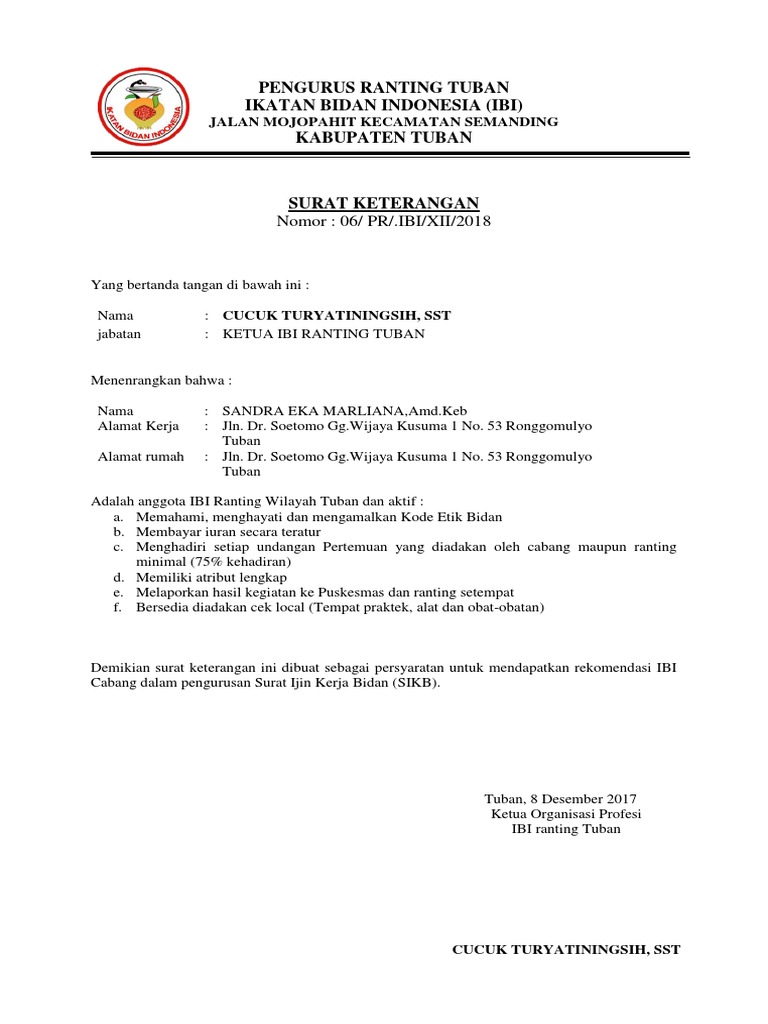 Surat Rekomendasi Ketua Ibi Ranting Tuban | PDF