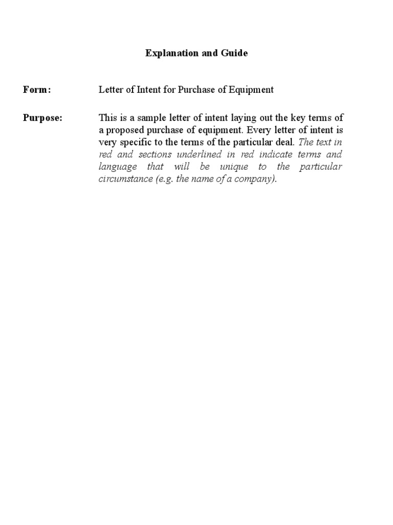 Letter of Intent For Purchase of Equipment PDF Sales Virtue