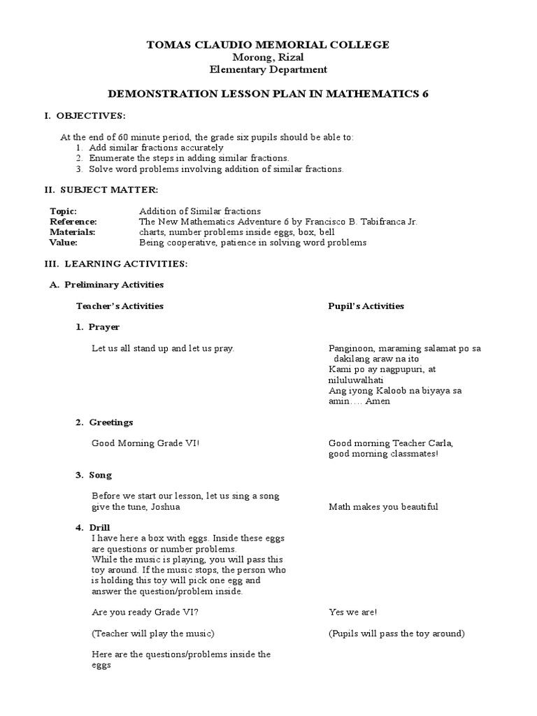 Docshare - Tips Detailed Lesson Plan in Mathematics 6 | PDF | Fraction  (Mathematics) | Division (Mathematics)