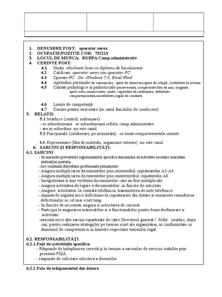 F RU 3 Fisa Post Operator Xerox | PDF