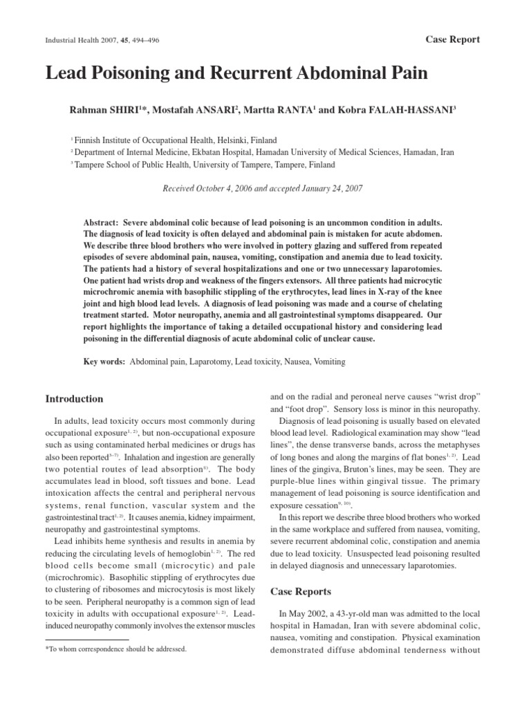 Lead Poisoning and Recurrent Abdominal Pain Case Report PDF Anemia