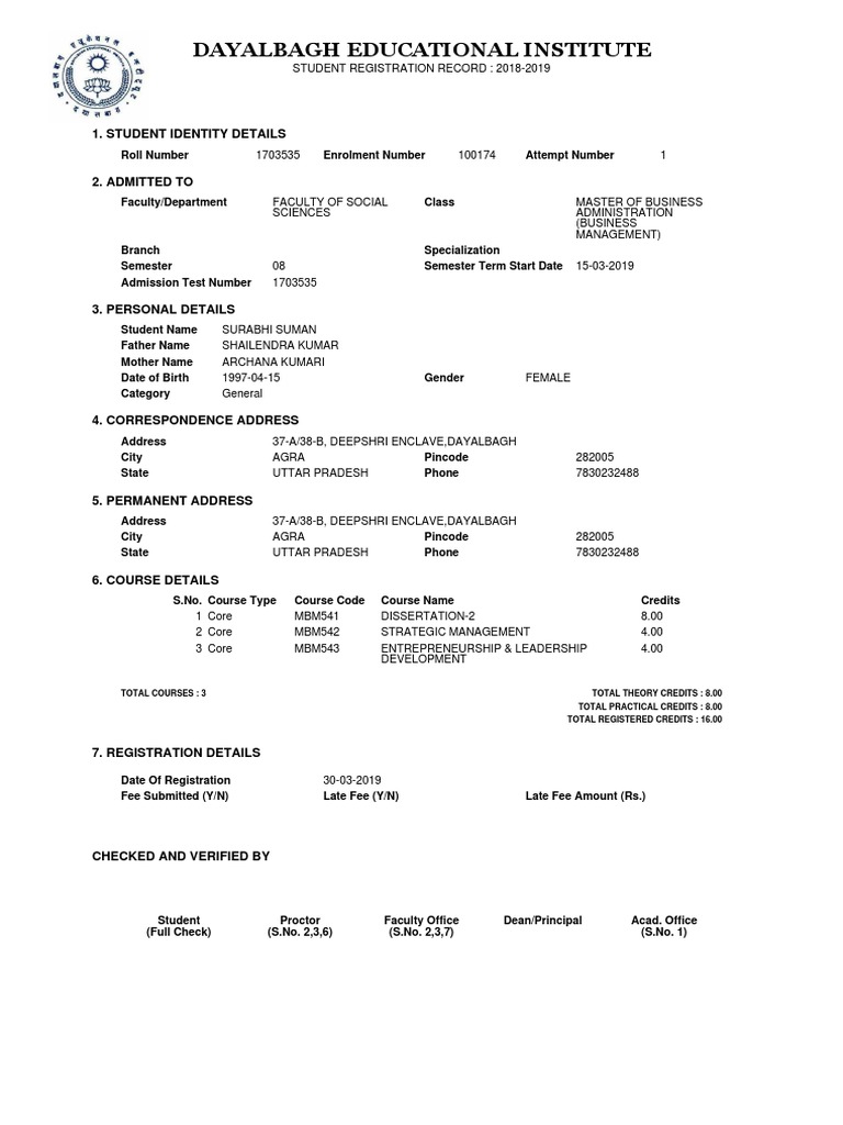 Dayalbagh Institute Student Registration 2019 | PDF | Academia | Learning