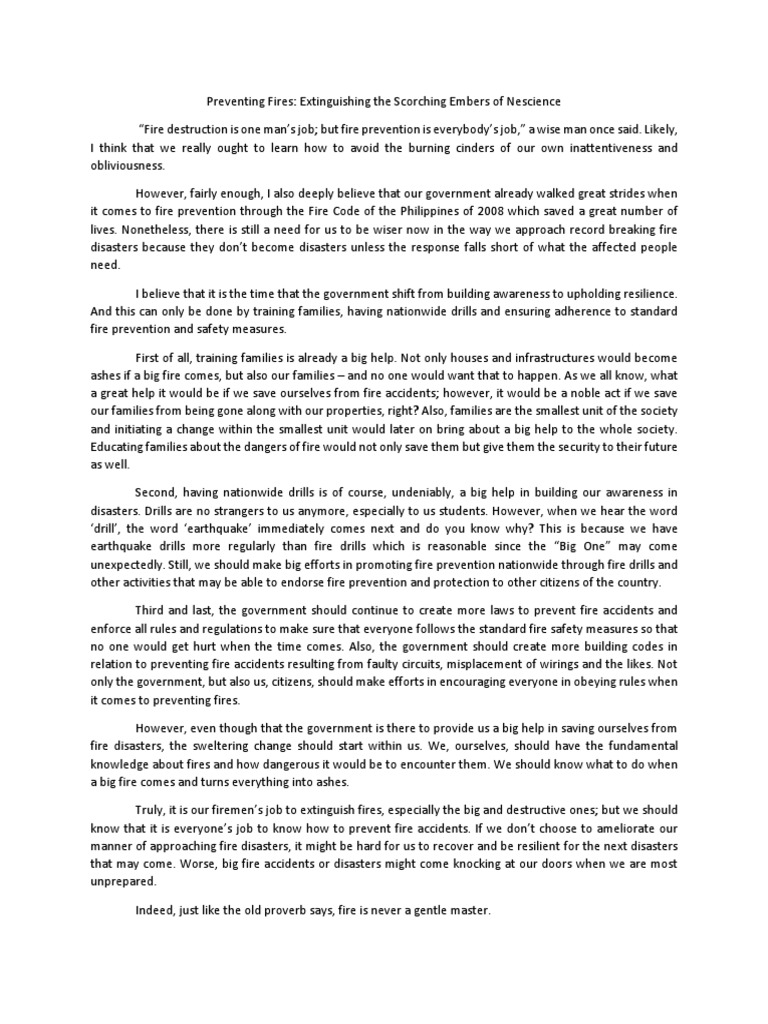 Fire Prevention Essay PDF Fire Safety Fires