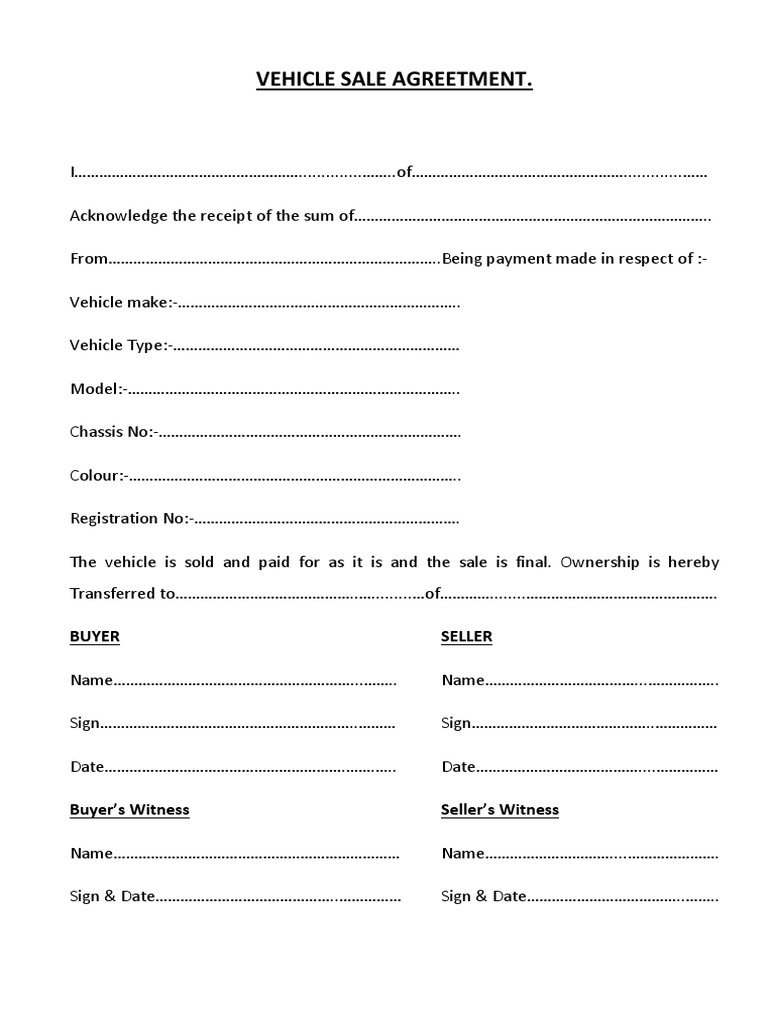 Vehicle Sale Agreement Template | PDF