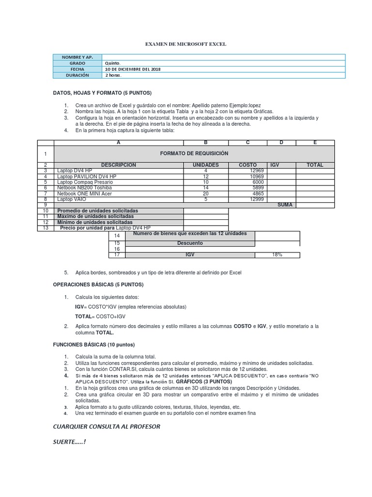 Examen de Microsoft Excel Quinto | PDF | Microsoft Excel | Hardware