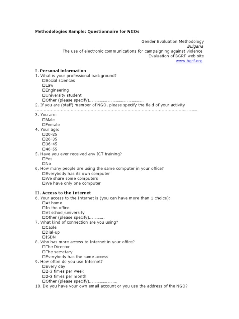 Methodologies Sample: Questionnaire For Ngos: Bulgaria | PDF | Websites ...
