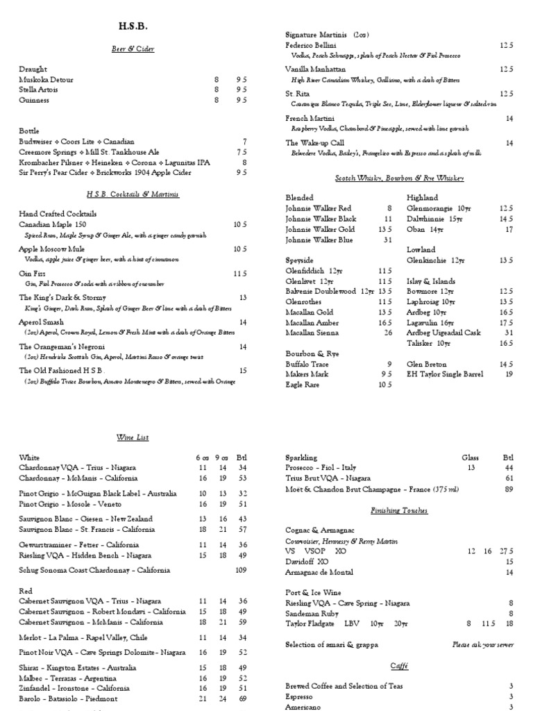 HSB Drinks Menu Winter 2017 | PDF | Alcoholic Drinks | Fermented Drinks