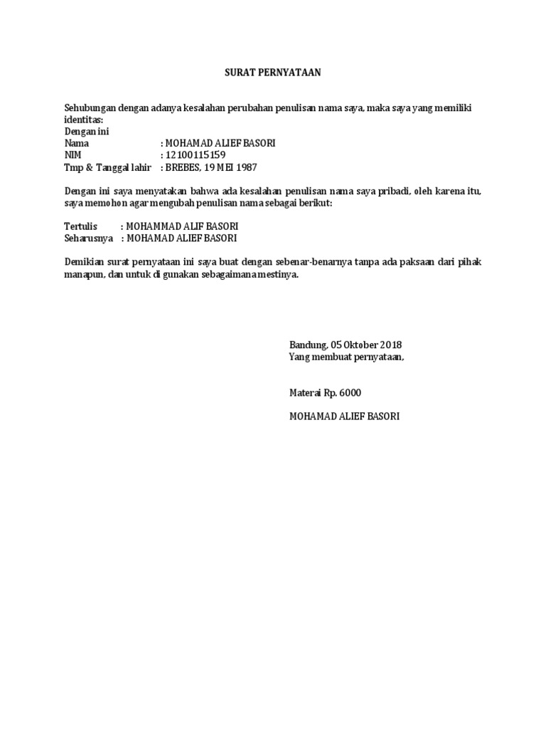 Contoh Surat Pernyataan Perubahan Nama Pribadi 1 Docx