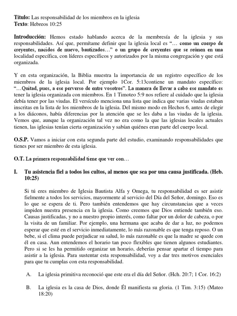 La importancia de la membresía activa en la iglesia local y las responsabilidades de los