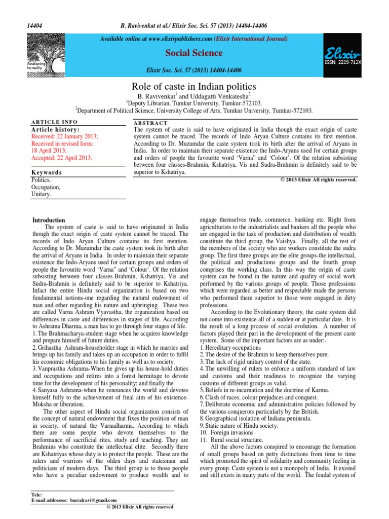Role of Caste in Indian Politics: Social Science | PDF | Caste | Dalit