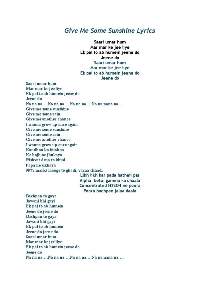 Give Me Some Sunshine Lyrics PDF