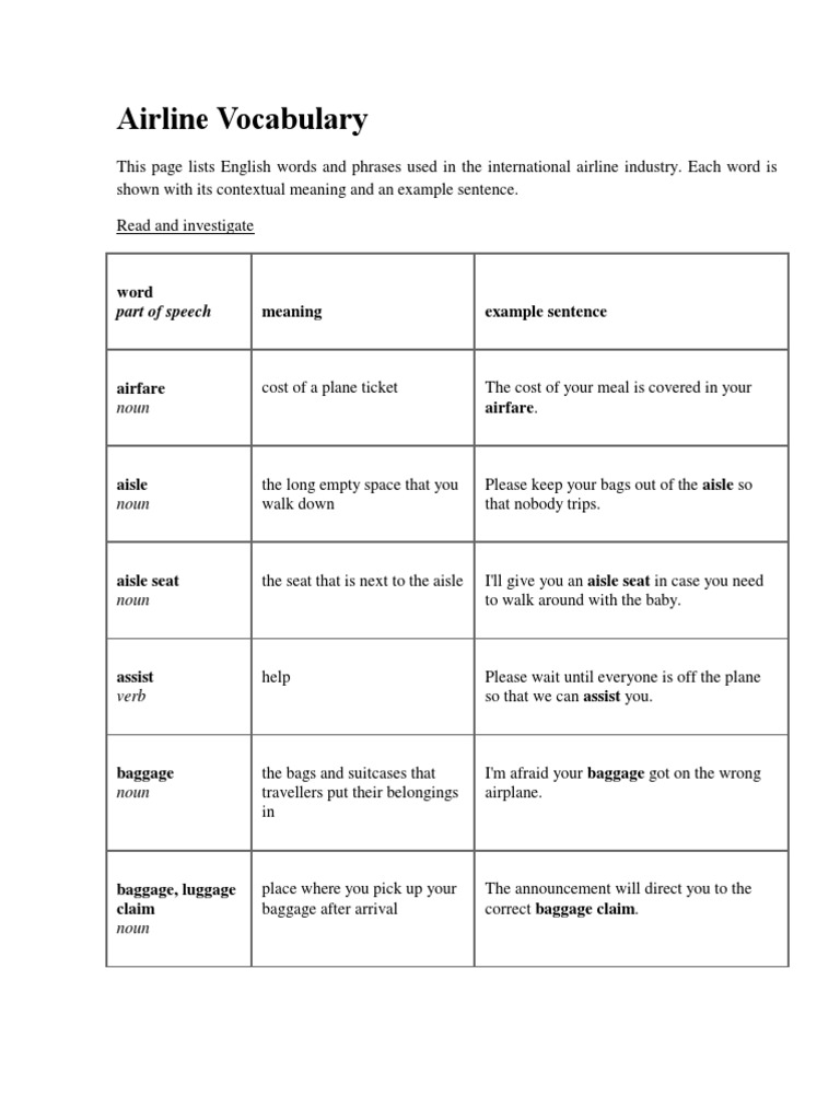 Airline Vocabulary Word Meaning Example Sentence PDF Baggage