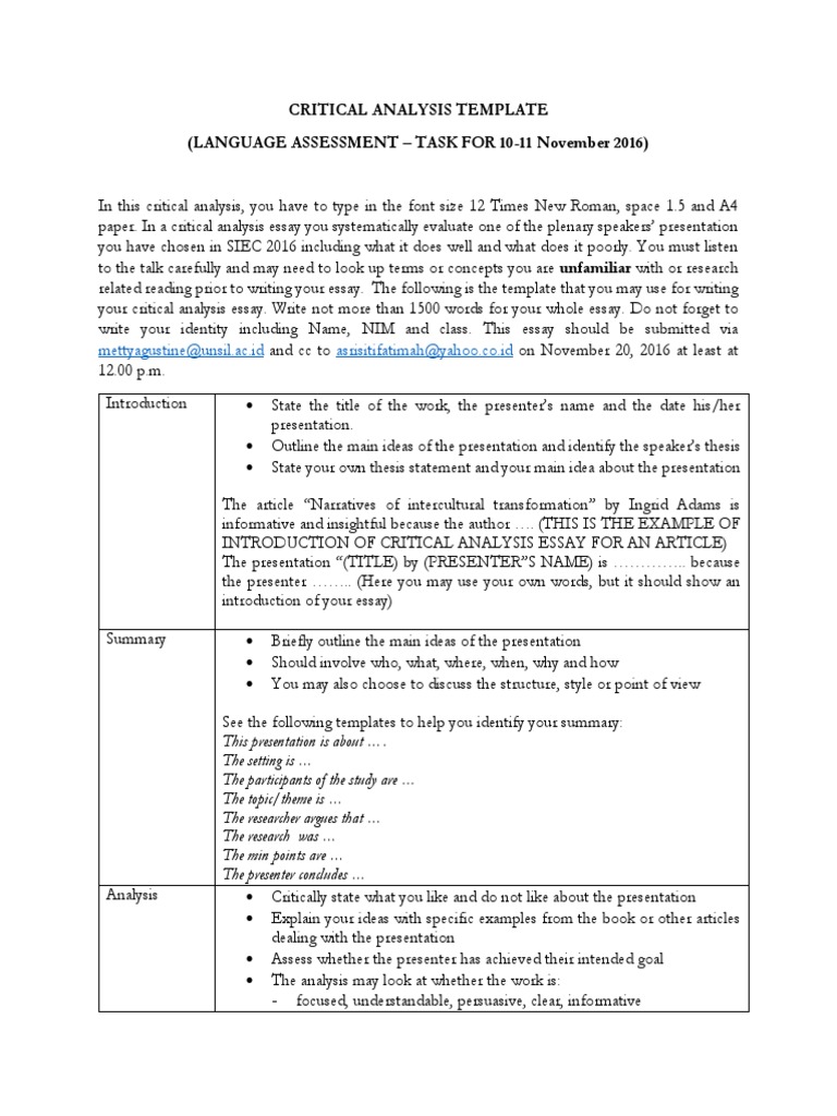 Critical Analysis Essay Template | PDF | Essays | Critical Thinking
