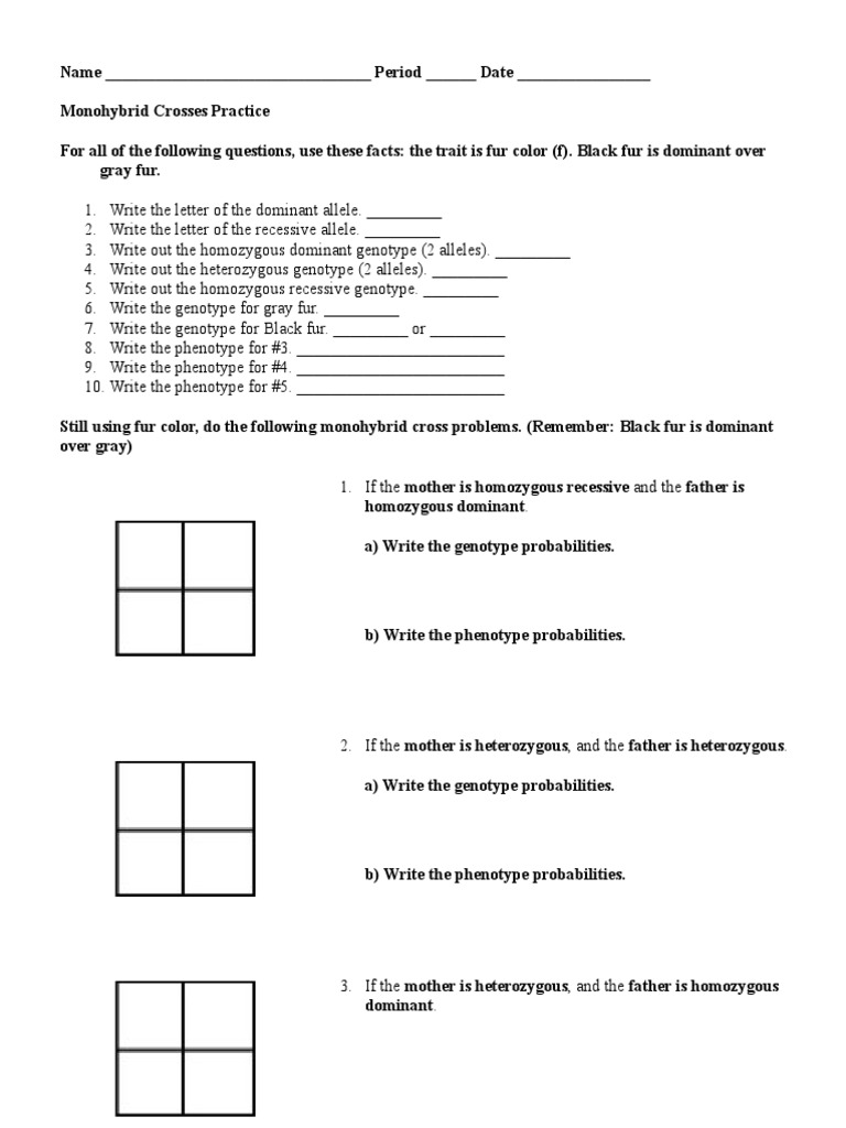 Monohybrid Practice  Zygosity  Dominance (Genetics) Regarding Monohybrid Cross Practice Problems Worksheet