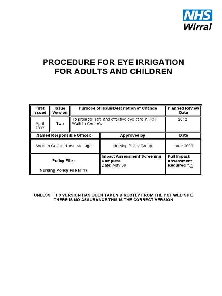 Procedure For Eye Irrigation For Adults and Children PDF Ph Nursing