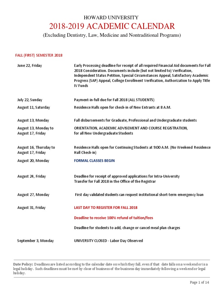 Howard University 20182019 Calendar PDF Academic Term Tuition