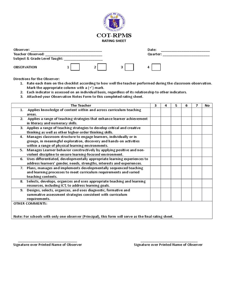 Teacher Observation Rating Sheet | PDF | Teachers | Curriculum