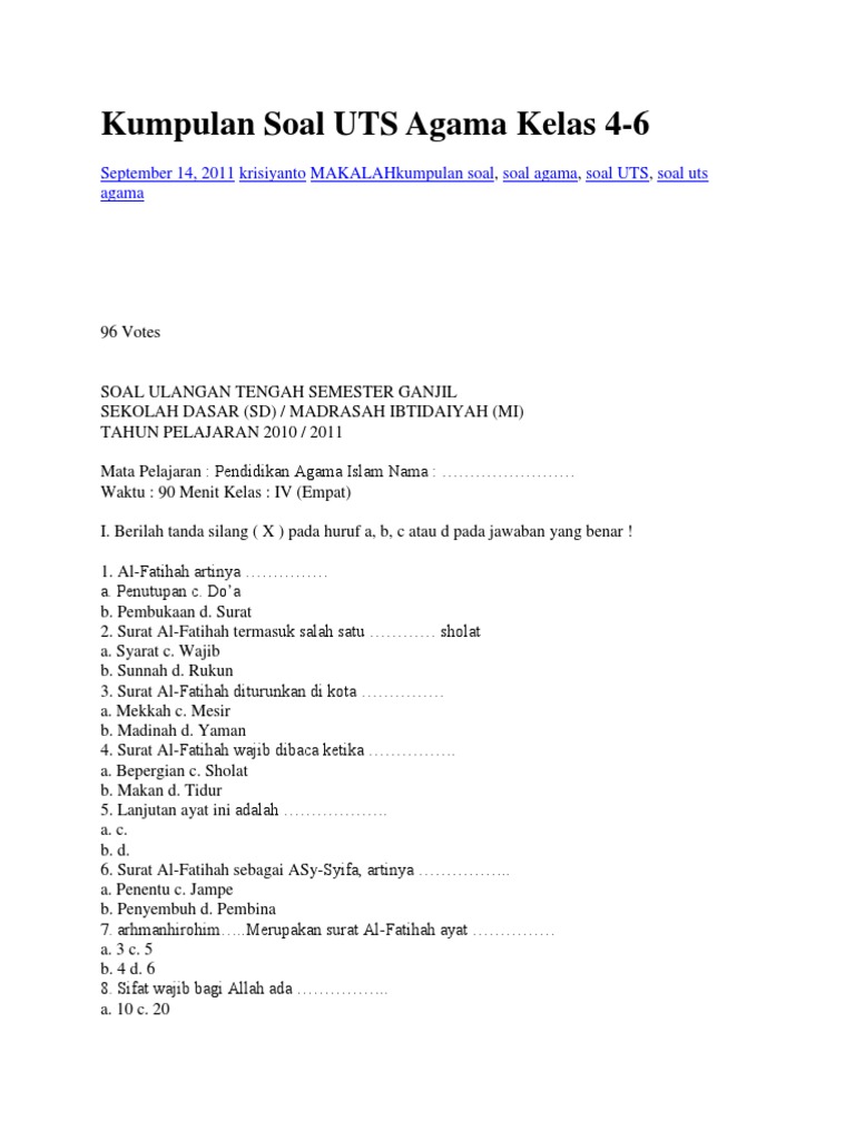 Kumpulan Soal Uts Agama Kelas 4 6