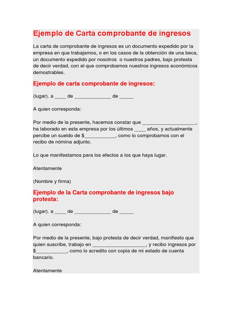 Ejemplo de Carta Comprobante de Ingresos PDF
