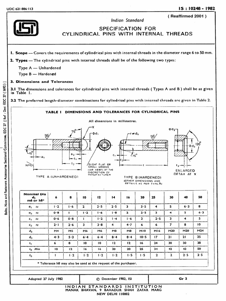 Cylindrical Pins With Internal Threads-Is2393 | Download Free PDF ...