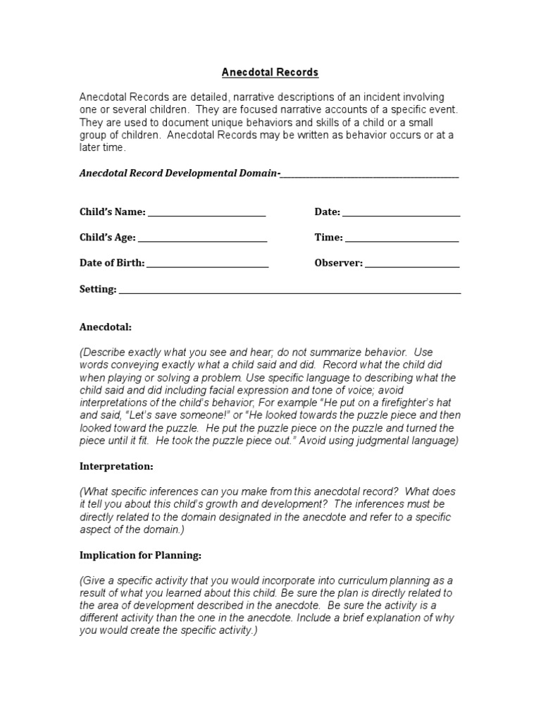Anecdotal Record PDF | PDF | Cognitive Science | Behavioural Sciences for Free Printable Anecdotal Record Form Word