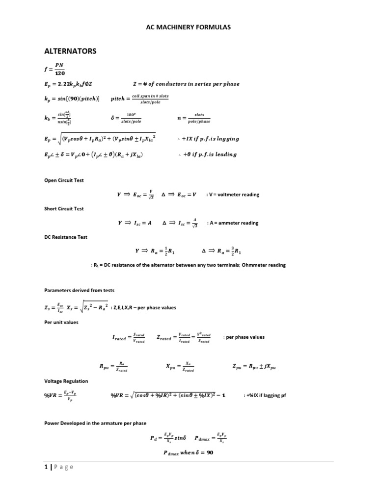 Ac Machinery Formulas | PDF | Transformer | Electromagnetism
