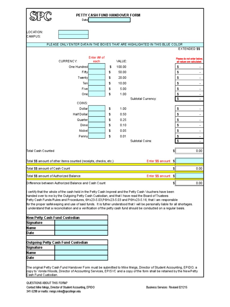 Petty Cash Hand Over Form | PDF | Cash | Coins