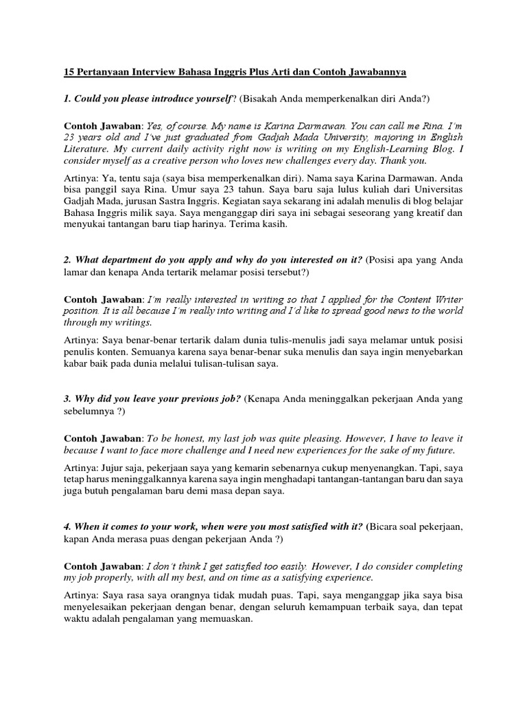 15 Pertanyaan Interview Bahasa Inggris Plus Arti Dan Contoh Jawabannya Pdf