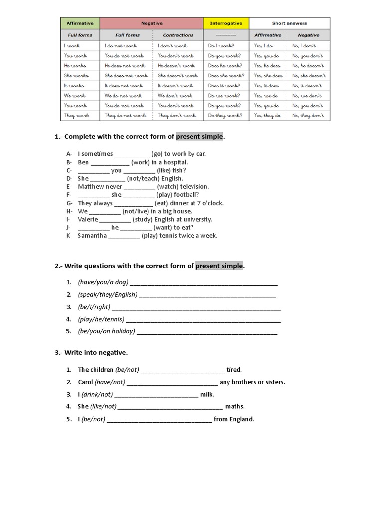 1.-Complete With The Correct Form of Present Simple | PDF