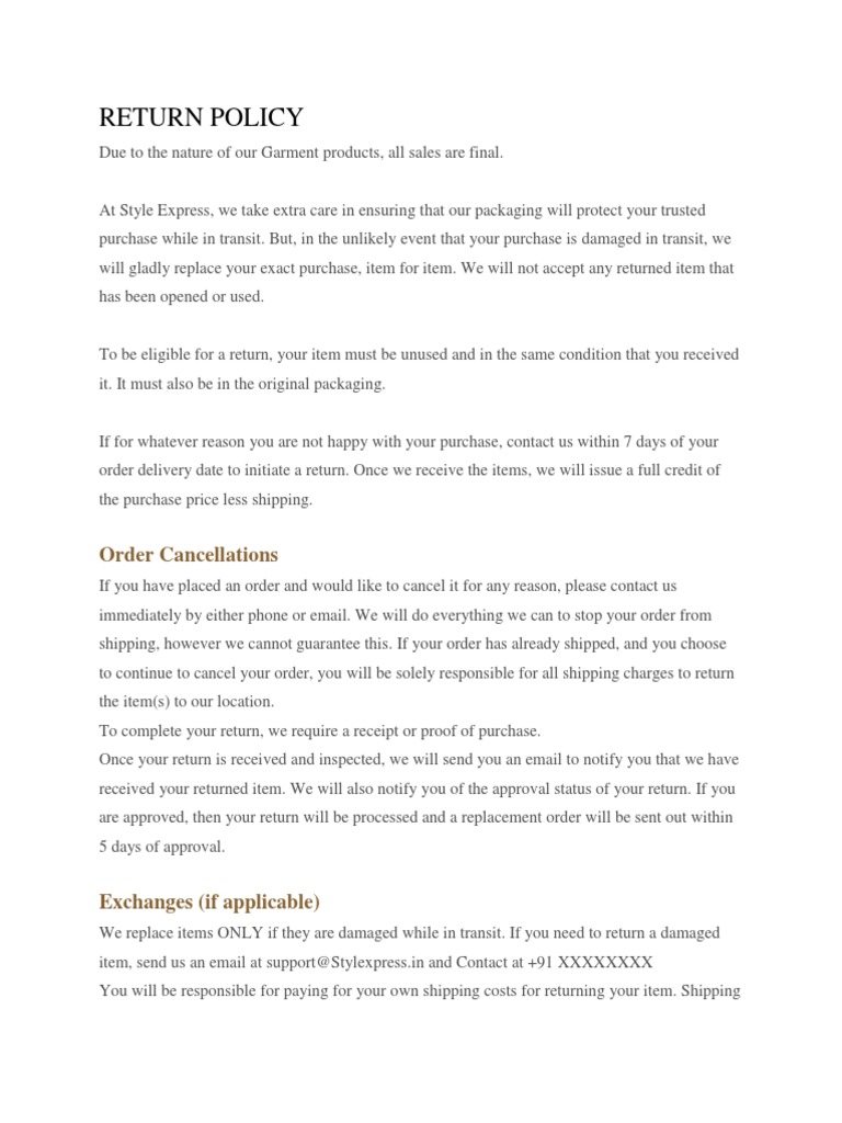 Style Express Return Policy Overview | PDF