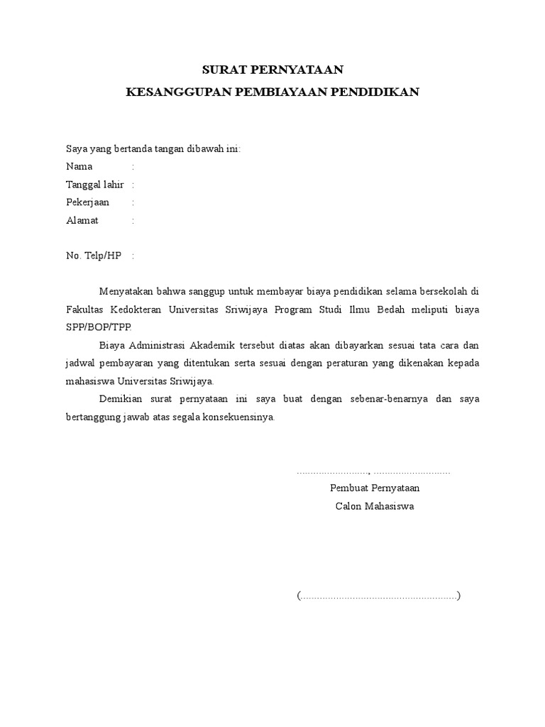 Surat Pernyataan Kesanggupan Bayar